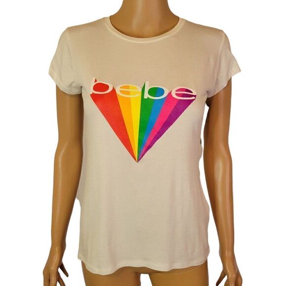 Bebe Womens White Tee With Rainbow Logo (Size L) - Picture 1 of 8